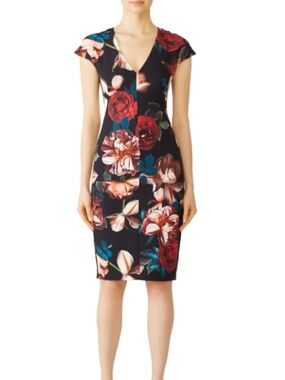 Black Halo Greyson Sheath Dress Black Floral Midi Sz 0